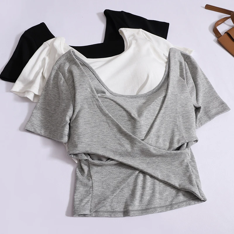 

Футболка с U-образным вырезом и коротким рукавом, женская летняя новая футболка с перекрестной спинкой и накладками на груди, однотонные Короткие топы