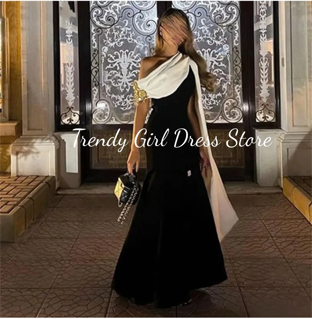 

Charming Mermaid Evening Dress Abendkleider Dubai Black and White Cap Sleeves Stain Long Formal Prom Gowns فستان سهرة نسائي