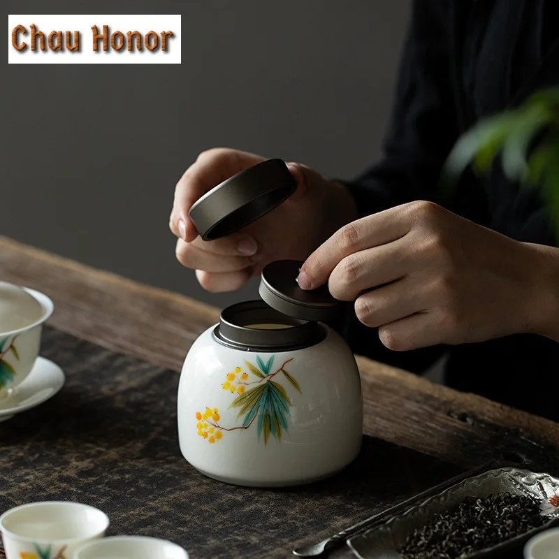 Pure Hand-painted Loquat Tea Pot Household Double-layer Sealed Ceramic Pot Tea Storage Caddy Moisture-proof Pot Kung Fu Tea Set