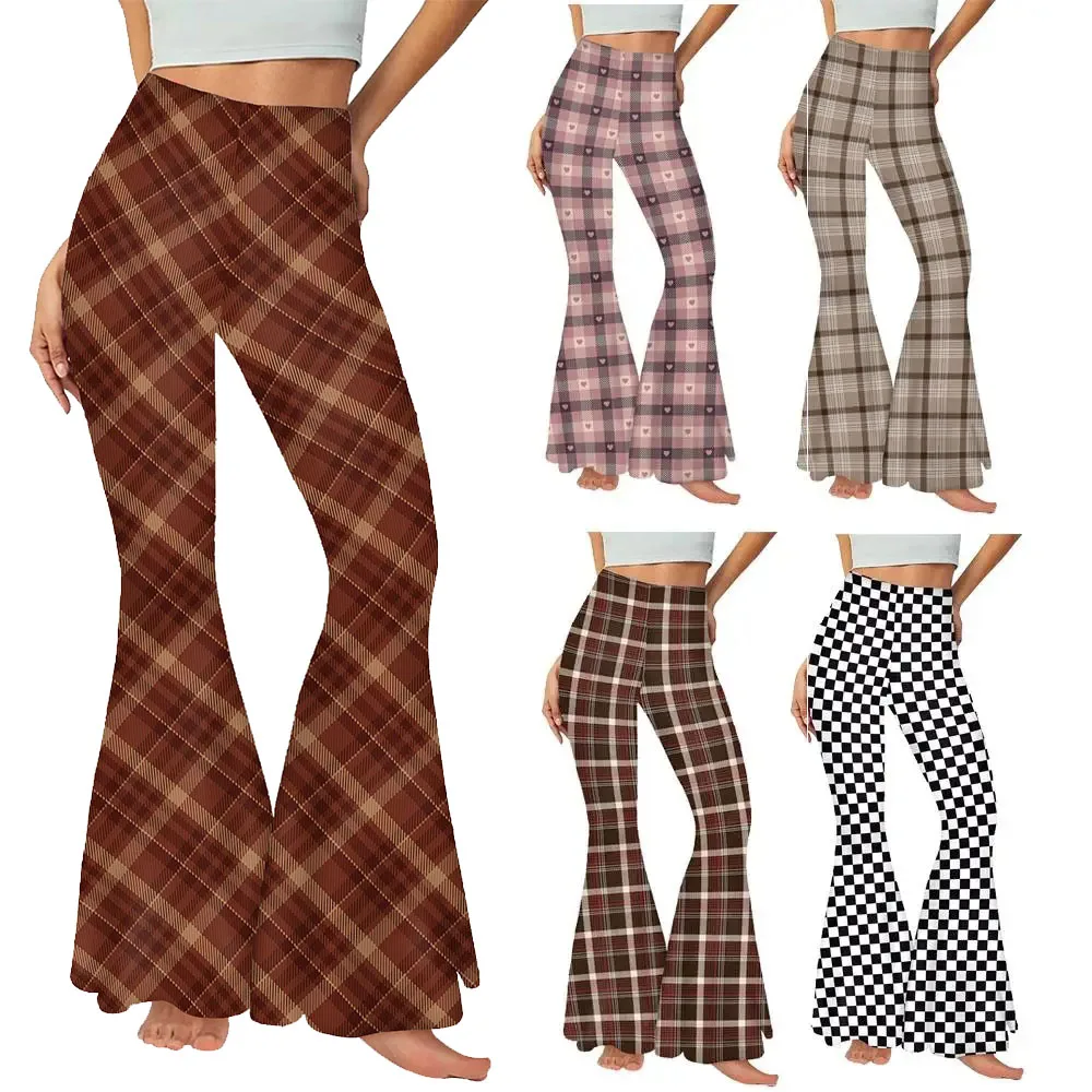 

Zawaland Elegant Fashion Flared Pants for Women Check Stripe Print Leggings Lady Carnival Cosplay Slim High Waist Casual Pants