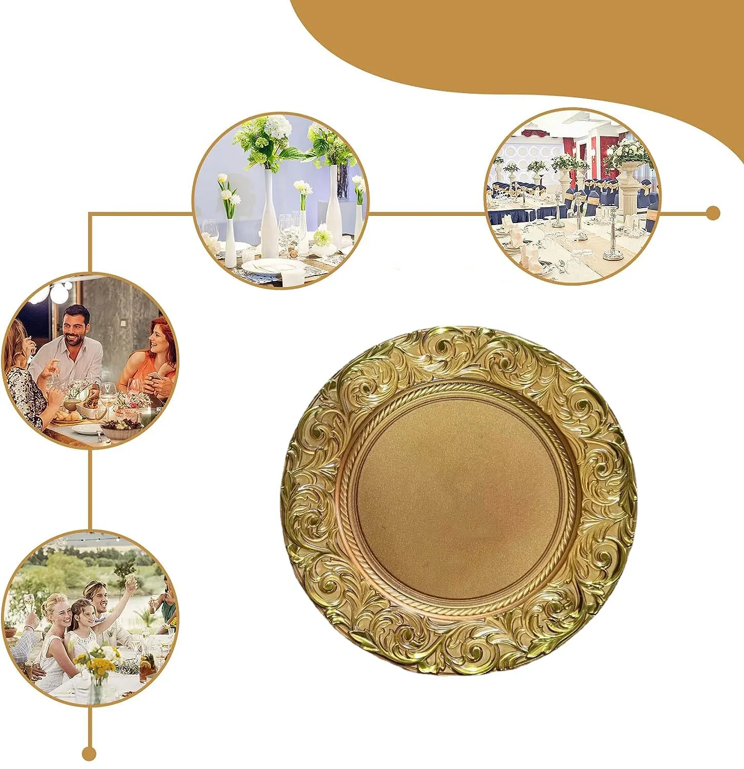 Plastic Plates 6pcs Plastic Gold Charger Plates 13" Round Patterned Placemat For Wedding Christmas Decor Table