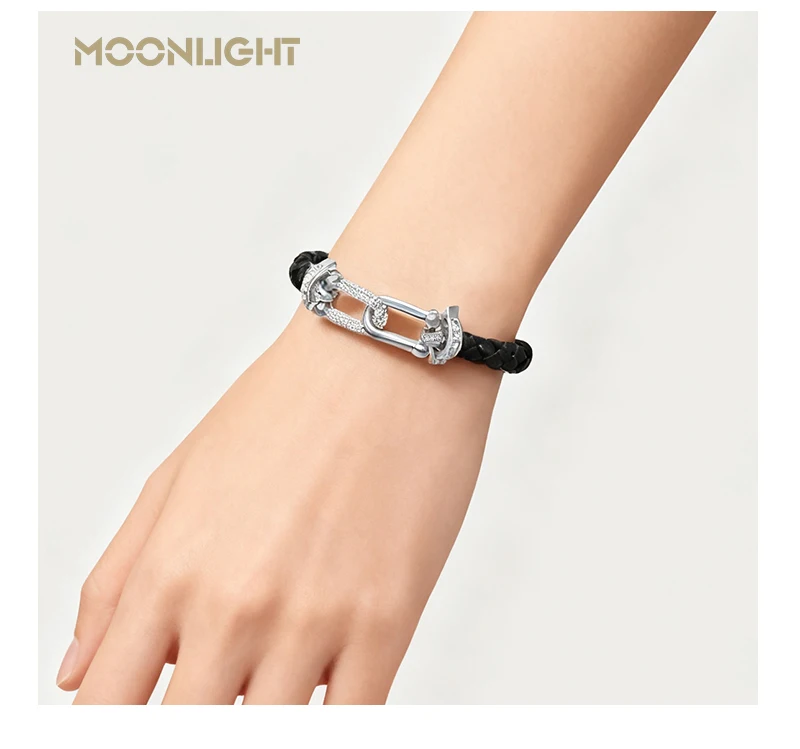 MOONLIGHT Klassisches Design, U-förmiges Zirkon-Armband für Damen, echtes geflochtenes Leder, Charm-Armband, Damenschmuck, Geschenke, 8 Farben – Detail 15
