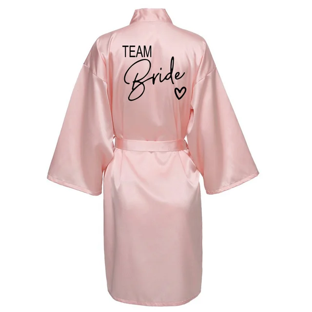 Wedding Party Team Bride Robe With Black Letters Kimono Satin Pajamas Bridesmaid Bathrobe SP003 Pink2