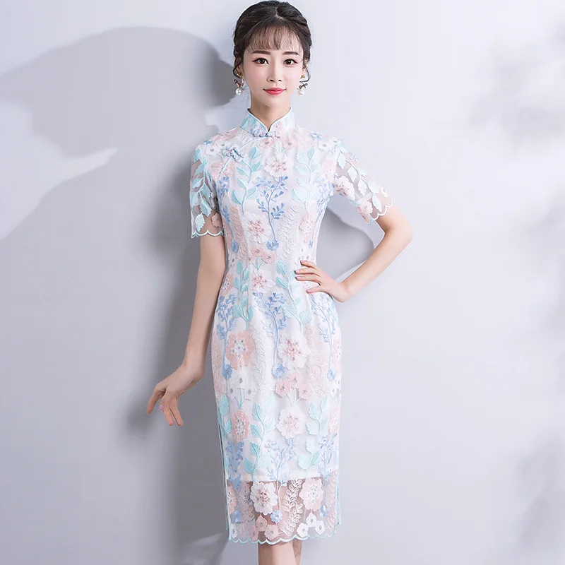2023 Women Lace Short Cheongsam A-line Dress Embroidery Vintage Wedding Formal Dress Show Costumes Traditional Qipao XS To 3XL