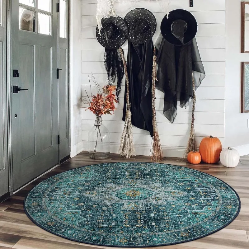 Round Living Room Carpet Retro Geometric Luxury Bedroom Plush Rug Foldable Machine Washable Non-slip Sofa Coffee Table Mat Tapis
