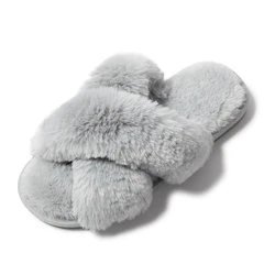 Women's Fuzzy Cross-Band Plush Cozy Slippers with Anti-Skid Sole - 36-37 (Gray)