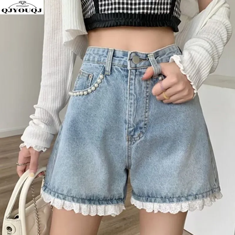 

2024 Spring/Summer Spicy Girl Denim Shorts New Lace Versatile High Waist Slimming Summer A-line Small Stature Light Color
