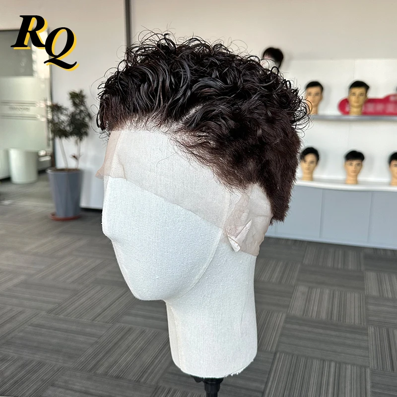 Curly Wig For Men Color 2 Pre Styled Short Cut Full Lace Wig Male Hairpiece Toupee Virgin Human Hair Replacement System Pieces