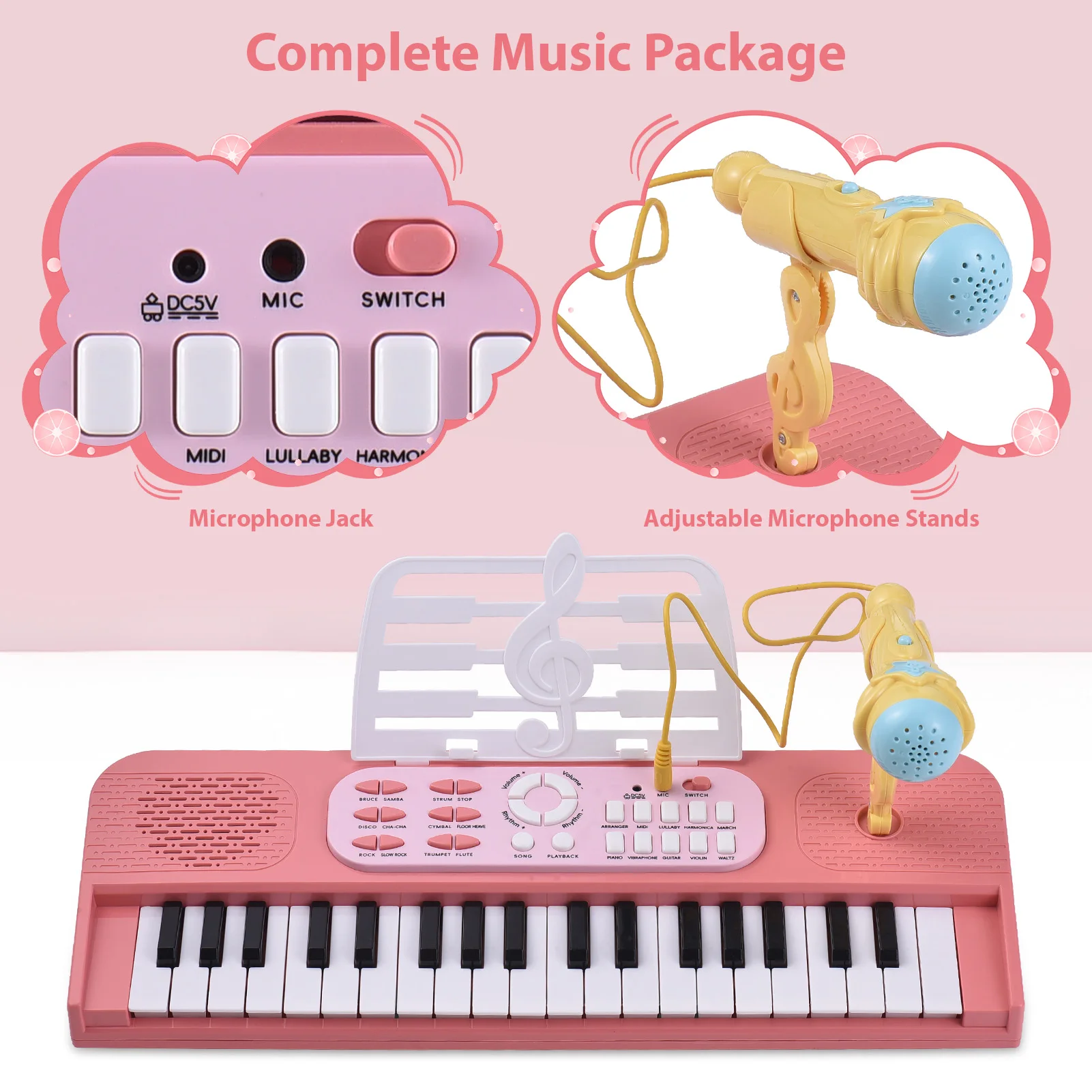 37 Key Electronic Keyboard Piano 7 Tones 8 Drum Group 24 Demos Single Speaker Musical Instrument with Music Score Stand