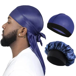 Silky Unisex Durag Set with Long Tail and Elastic Band - Satin Pirate Hat Turban & Dome Wave Cap - One Size (Navy blue)