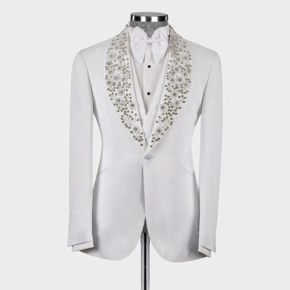 

Luxury Mens Wedding Tuxedos Custom Made Crystals Beading Prom Blazer Sets Formal Groomsman Suits 3 Pieces Male Fashion Clothing
