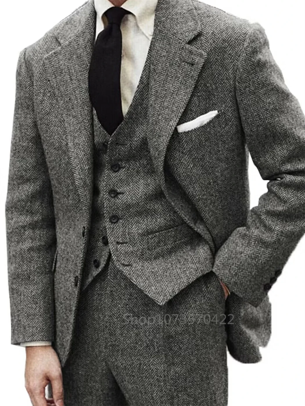 Abito da uomo invernale in Tweed di lana grigia da 3 pezzi per abito da sposo formale da sposo a spina di pesce (giacca + gilet + pantaloni) 3