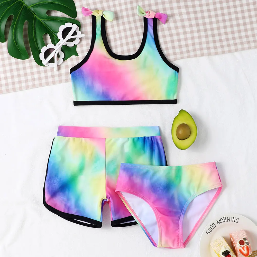 

Toddler Girl Rainbow Ombre Print Contrast Binding Bikini Swimsuit Kids with Cover Shorts 2-8 Years Two Piece Children's Swimwear