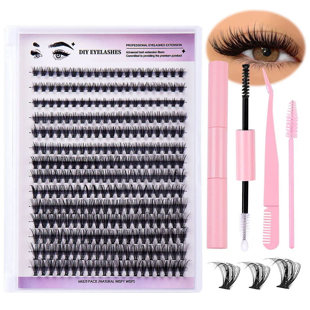 DIY Eyelash Extension Kit 280 PCS Clusters Slender Stems Super Fixed Mascara Brush Bond and Seal Eyelash Glue and Eyel lash extension kit
