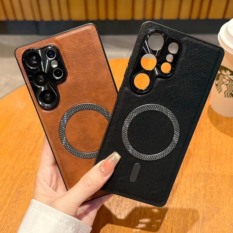 Magnetic PU Leather Case with Metal Camera Protector - Soft Shockproof Cover with Mag-safe Compatibility