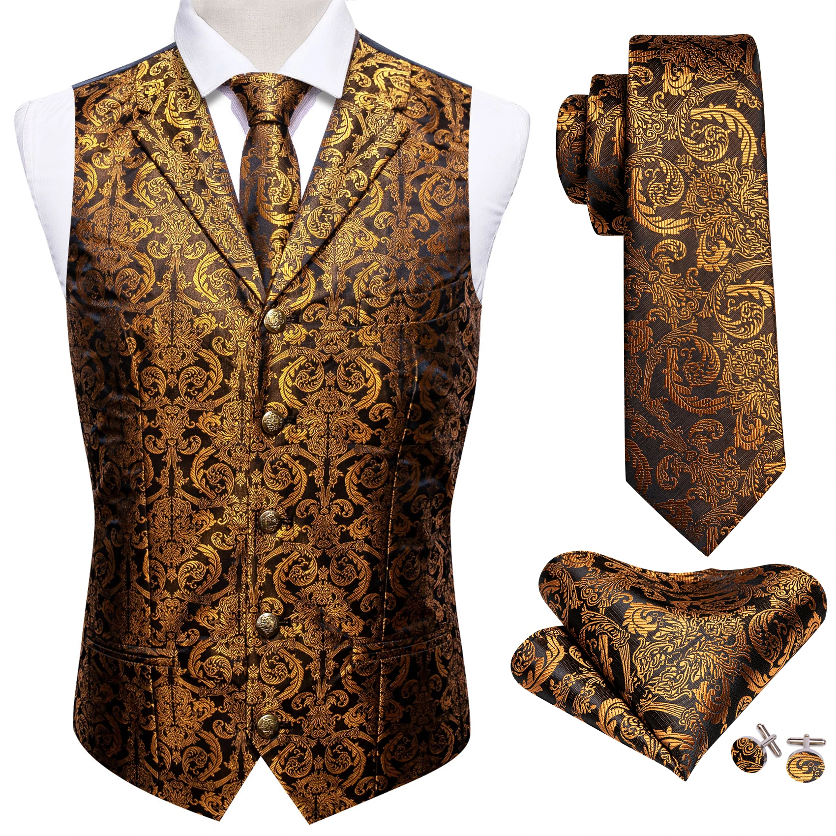 Luxury Mens Vest Gold Black Yellow Paisley Flower Formal