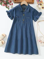 Girls Denim Short-Sleeved Casual Pocket Versatile Cardigan Dress