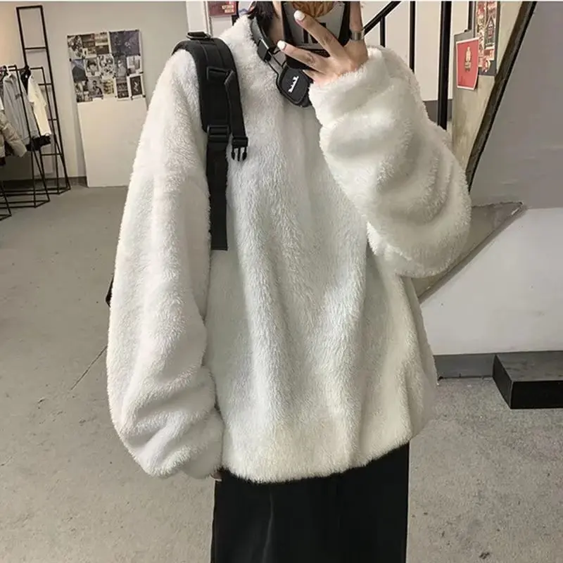 

Solid Lamb Wool Round Neck Women Sweatshirts Loose Korean Fashion Long Sleeve Autumn/WinterThickened Warm Top