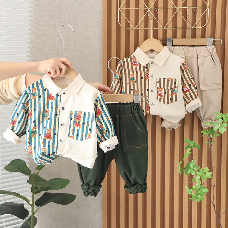 New Spring Kids Clothes Kids Cotton Sport Full Printe Strips Shirt Pants 2Pcs/Set Children Boys Kids Casual Suit 1 2 3 4 5 Years