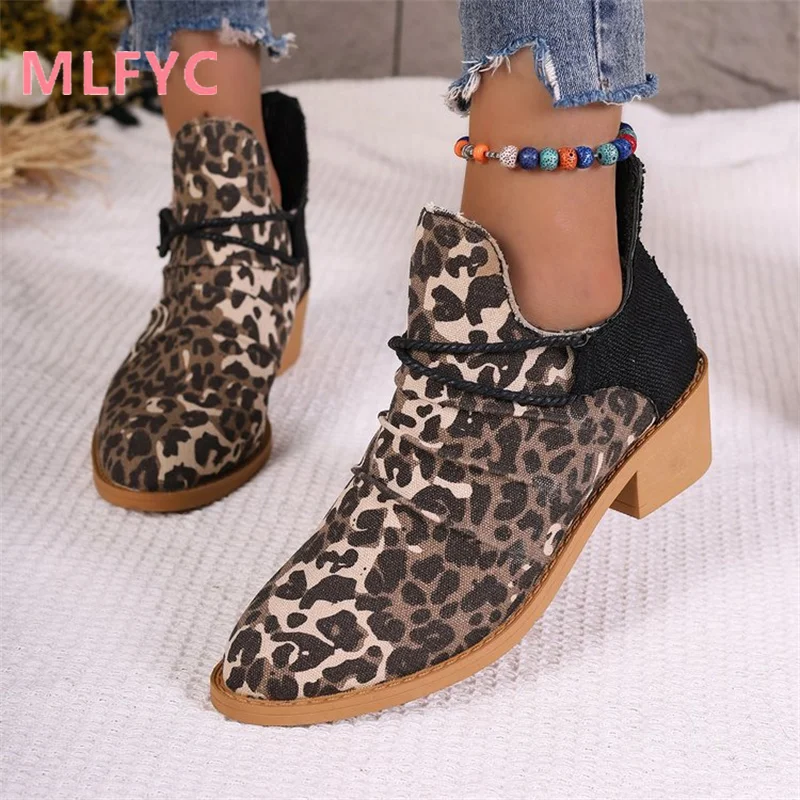 Autumn Winter Women Shoes New Pointed Square Heel Leopard Pattern Fashion Short Boots Ladies Comfortable and Simple Single Shoes
