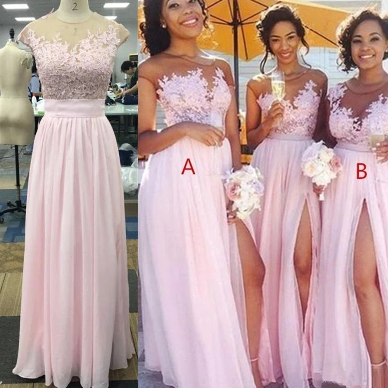 

New Pink Chiffon Bridesmaid Dresses Cap Sleeves Country Garden Wedding Guest Gowns Maid Of Honor Dress