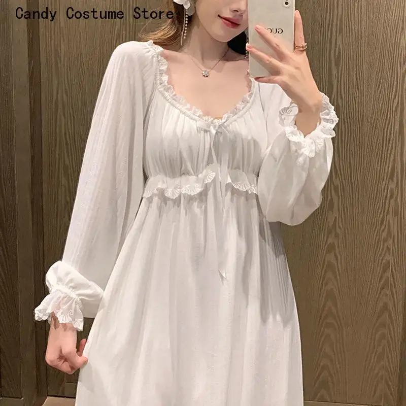 Korean Version Lady Sexy Sleepwear Pure Female Long Nightgowns Women Lace Girlish Full Sleeve Princess Style Autumn Nightdress