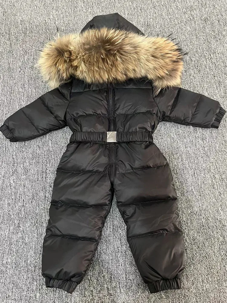 

Children Winter Down Jacket Detachable Raccoon Fur Collar Toddler Boys Hooded Romper Baby Girls Warm Snowsuit Kids Jumpsuit