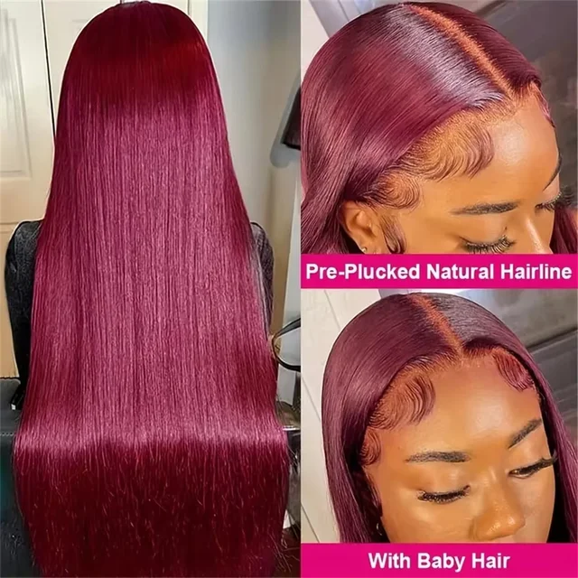 Perruque Lace Front Wig naturelle lisse, cheveux humains, couleur bordeaux 99J, haute densité 200, 13x6, HD, ultraviolette, 13x4, pour femmes