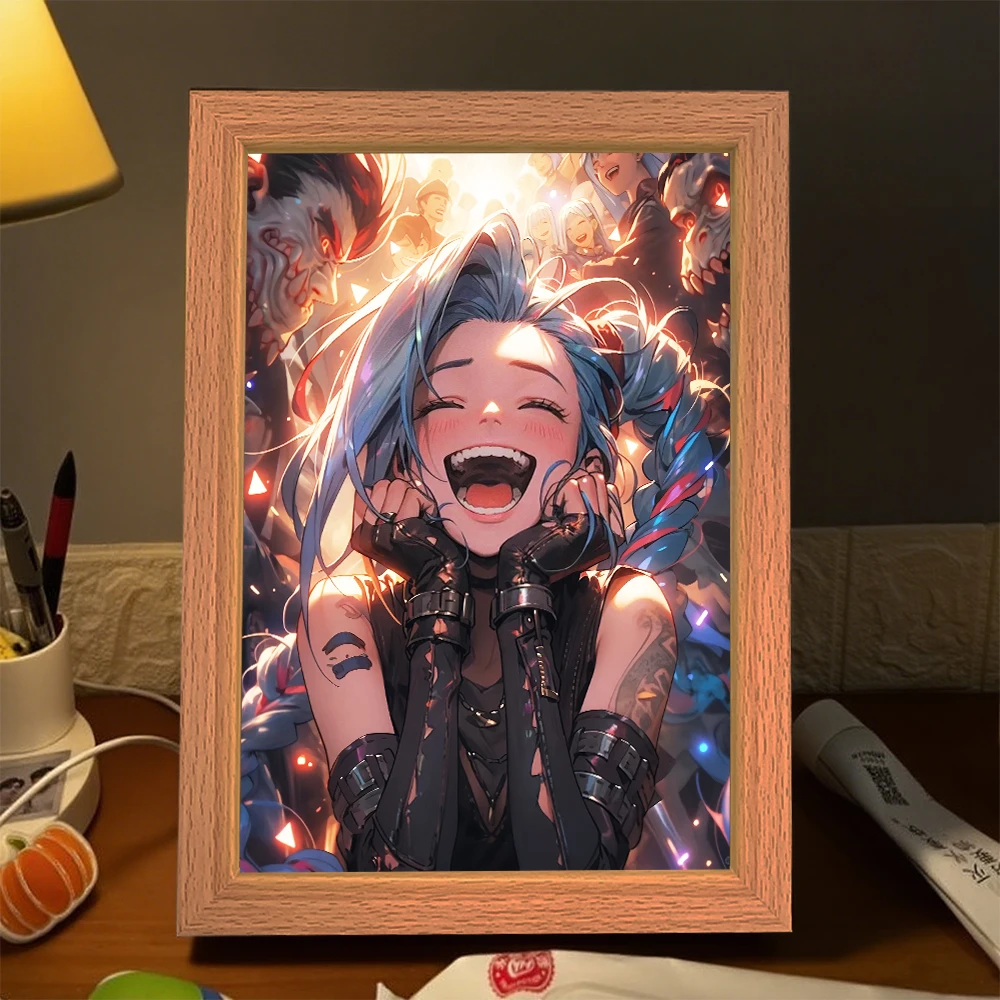 LED Illuminated Anime Frame featuring League of Legends' Jinx – Unique Bedroom Decor & Perfect Gift