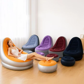 Inflatable sofa, plush PVC with stool, outdoor indoor lazy sofa, foldable, fast inflating