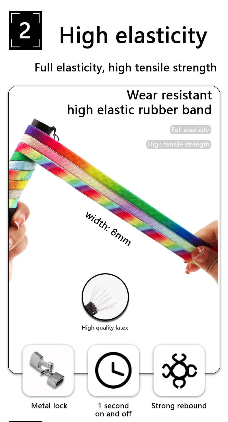 Bunte elastische Kreuz Schnürsenkel ohne Krawatten Schnürsenkel Turnschuhe 8mm breite Wohnungen keine Krawatte Schnürsenkel Kinder Erwachsenen Regenbogen Gummi Schnürsenkel – Detail 4