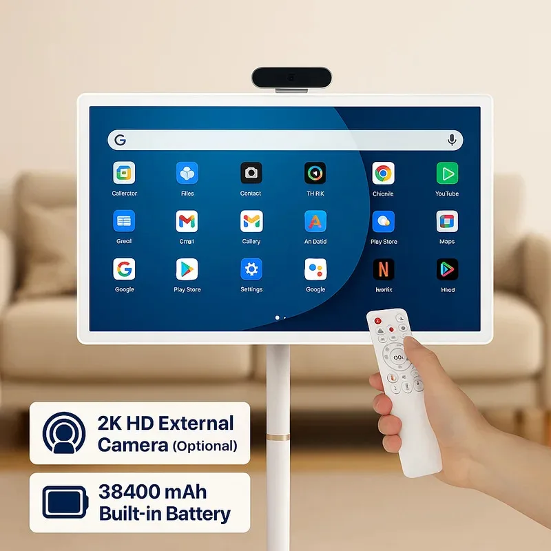 32인치 안드로이드 15 스마트 TV, 6G+128G 플로어 스탠드 태블릿 리모컨 포함, 2K 카메라 영상 통화, 내장 148W 배터리