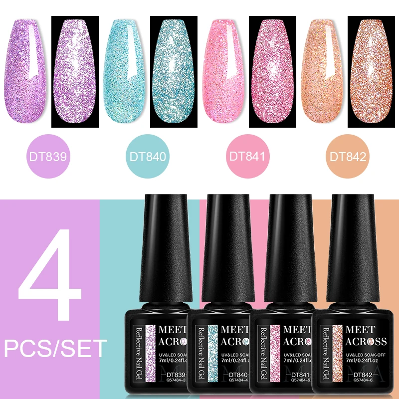 MEET ACROSS 4PCS/SET Reflective Gel Nail Polish Pink Purple Blue Glitter Semi-permanent UV Gel Nail Art Varnish For Manicure 2