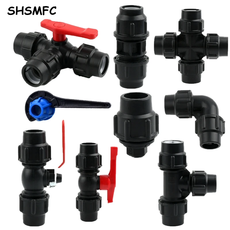 

20/25/32/40~63mm Black Plastic PE Water Tube Direct Connector Splitter Quick Tee Valve Coupler Elbow End plug Irrigation Fitting