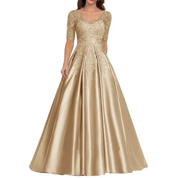 A Line Women Evening Dresses Satin Appliques V Neck Prom Party Gowns Formal Occasion robes de soirée 1