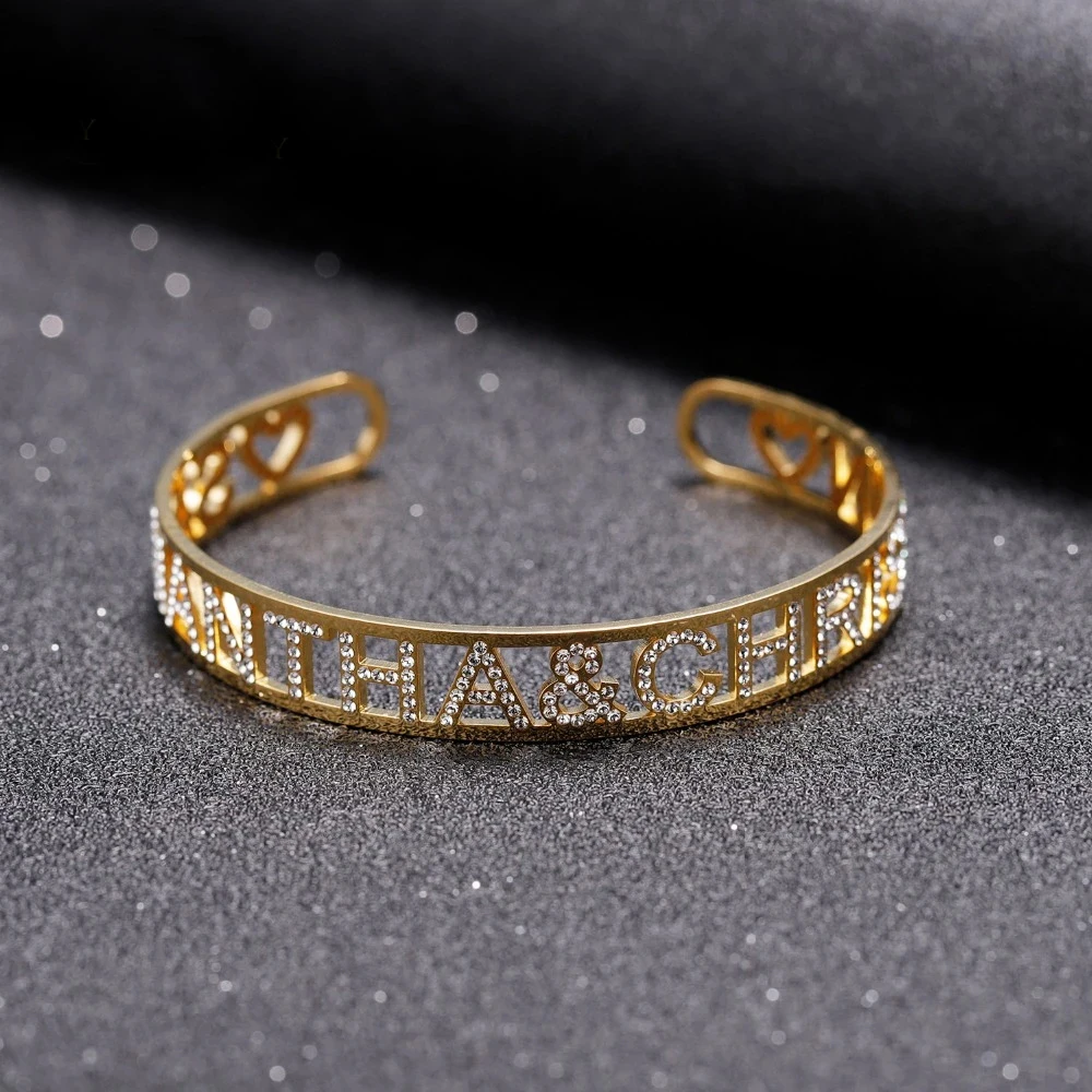 Custom Gold Name Bangles Personalized Bangle ID Family Lover Nameplate Faith Letter Bangles & Bracelet Stainless Steel Adjusted