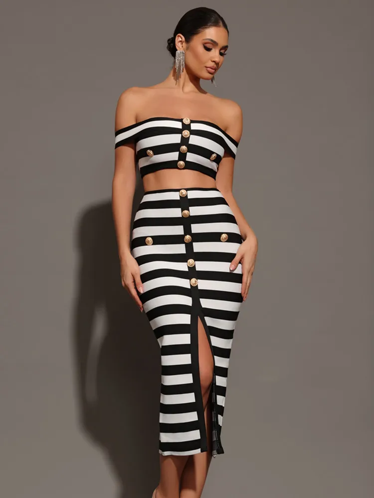 Women Summer Sexy Off Shoulder Striped Button Two Piece Mini Bandage Set 2024 Celebrity Designer Evening Party Women's Set 2