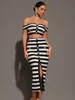 Women Summer Sexy Off Shoulder Striped Button Two Piece Mini Bandage Set 2024 Celebrity Designer Evening Party Women's Set 2