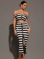 Women Summer Sexy Off Shoulder Striped Button Two Piece Mini Bandage Set 2024 Celebrity Designer Evening Party Women's Set 2