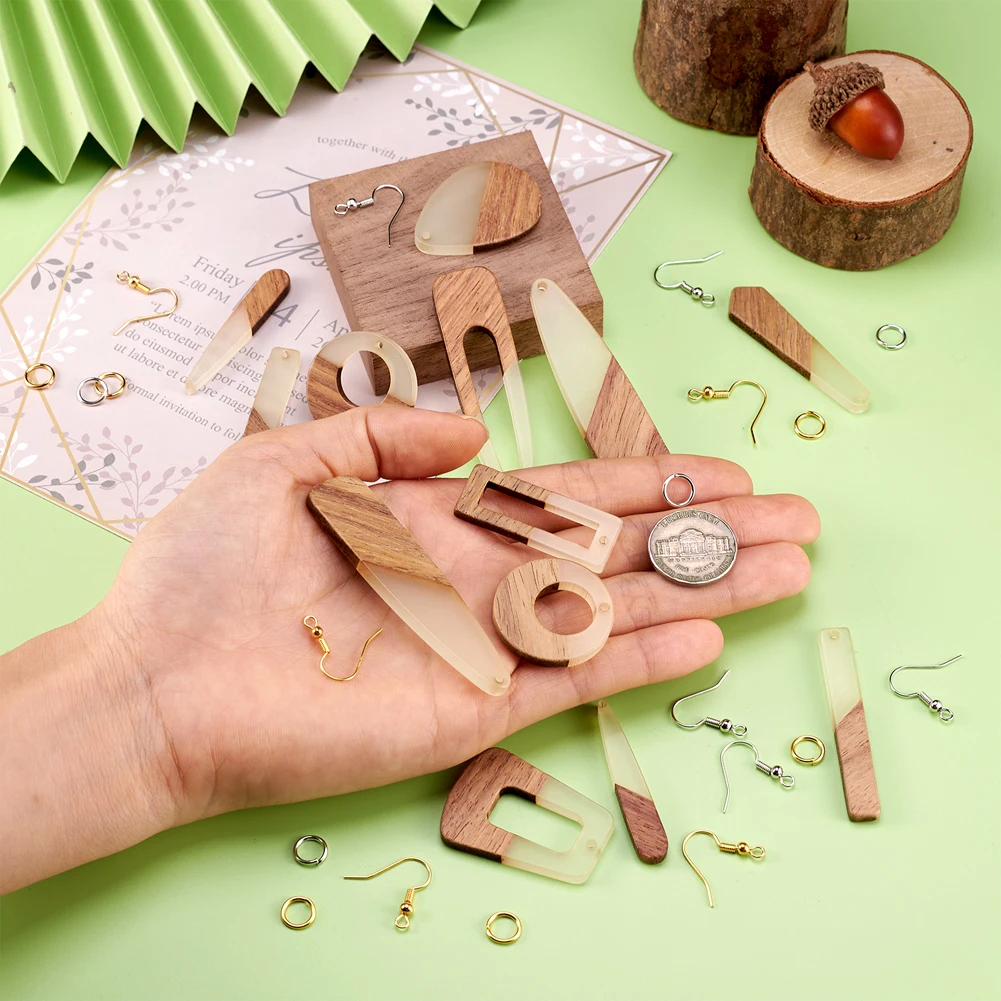 1 Box Luminous Geometry Wood Resin Earring Making DIY Kit Rectangle Teardrop Charm Hooks Jump Rings Dangle Earrings Findings