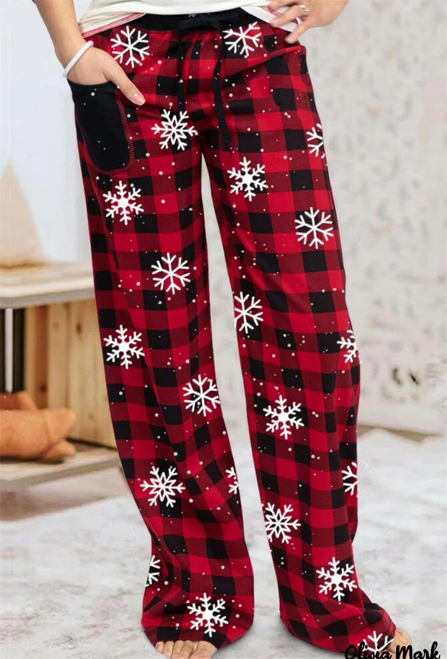 thumbnail image 1 of Pantalones de pijama con estampado navideño para mujer, pantalones elásticos de cintura alta con cordón, pantalones holgados de pierna ancha para estar en casa, 1 of 3