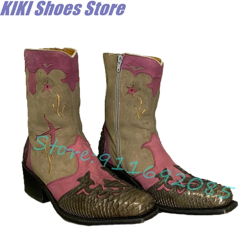 

Retro western cowboy starry sky boots autumn new thick heel square toe mid-calf knight boots embroidered short boots