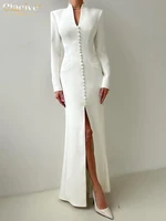 Clacive Sexy Slim White Women's Dress 2025 Fashion V-Neck Long Sleeve Ankle Length Dresses Elegant Classic Slit Female Dress