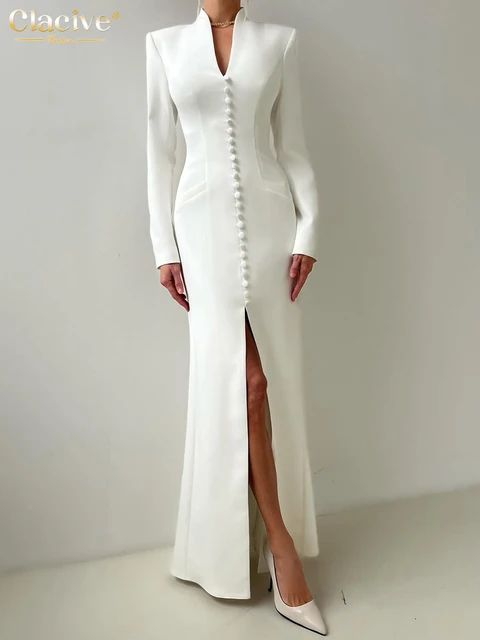 Clacive Sexy Slim White Women's Dress 2025 Fashion V-Neck Long Sleeve Ankle Length Dresses Elegant Classic Slit Female Dress