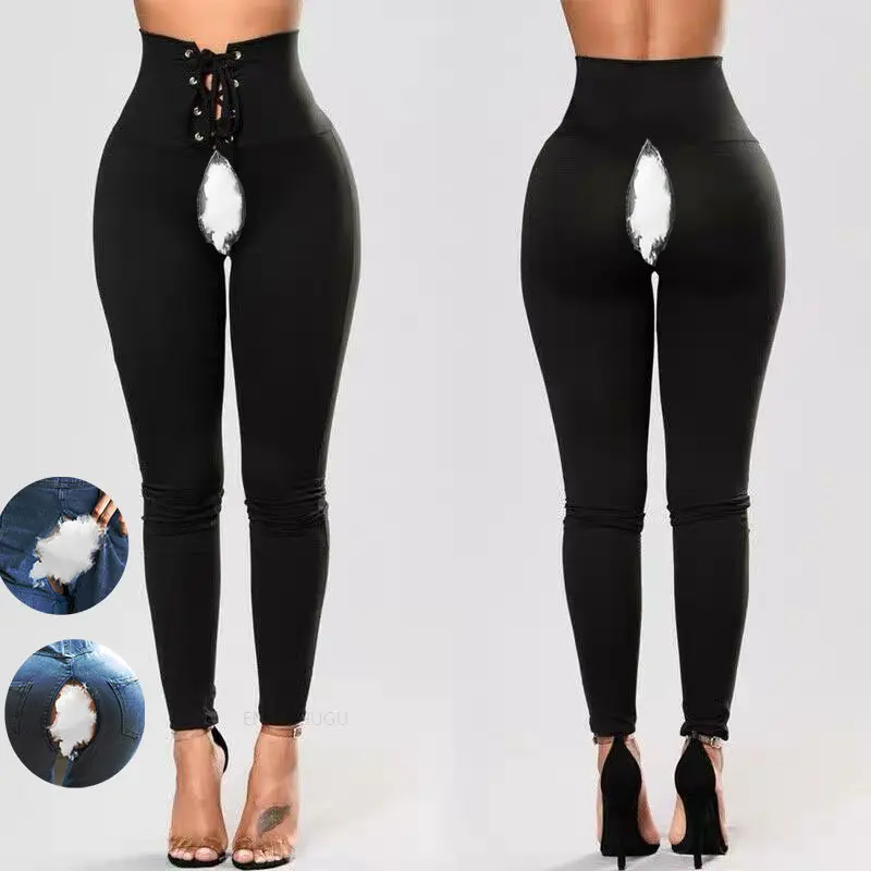 Sexy Invisible Open-Seat Pants High Waist Jeans Full Length Pants Outdoor Sex Convenient Trousers Denim Women's Clothing Large invisible front and rear open crotch jeans lady s high waist elastic pants women s outdoor convenient leggings pencil trousers