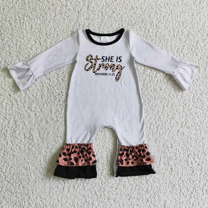 

Newborn She Is Strong Bubble Baby Girl Romper Children Grey Long Sleeve Leopard Ruffle Jumpsuit Kid Toddler One-piece Clothes