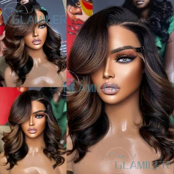 Side Part Body Wavy Glueless 360/Full Lace Wigs Human Hair #1bT4/6 Highlight Brown Balayaga 5x5 Silk Top Closure Human Hair Wigs
