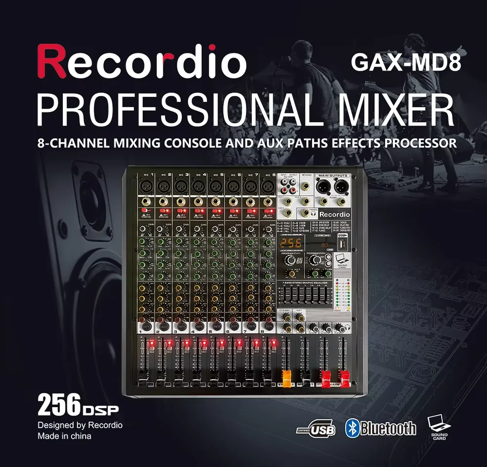 GAX-MD8 Pro 8채널 DJ 컨트롤러, 256 DSP 리버브 효과 BT 5.0 USB 오디오 사운드 카드 및 믹서 녹음 콘덴서 마이크