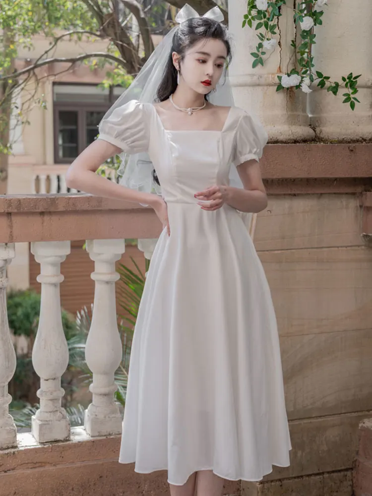 

Summer new women's dress palace style square collar temperament slim mid - long dress party wedding dress white bridesmaid dress
