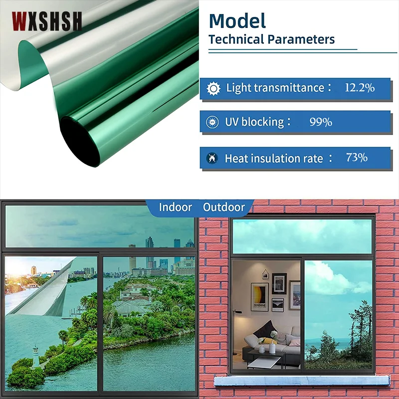 Glass Film Stained Self-Adhesive Removable Privacy Protection Sun-Blocking One-Way-Mirror Window Film 90cm Width Green Silver
